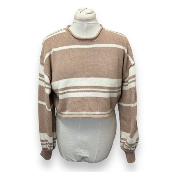 Women’s Cropped Knit Chunky Oversize Sweater With Tan White Stripes M - Picture 1 of 5